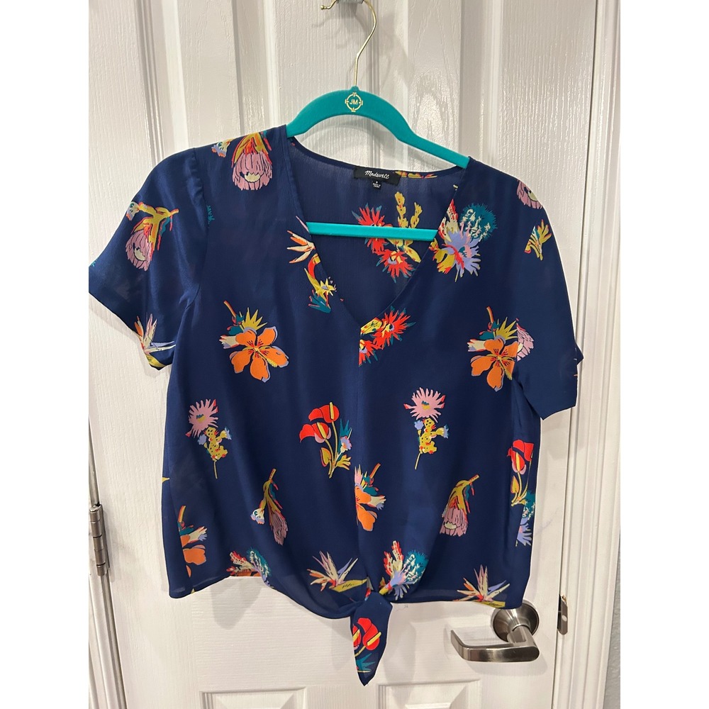 Madewell Silk Top Navy Blue Tropical Floral Tie-Front Short Sleeve‎ Blouse S